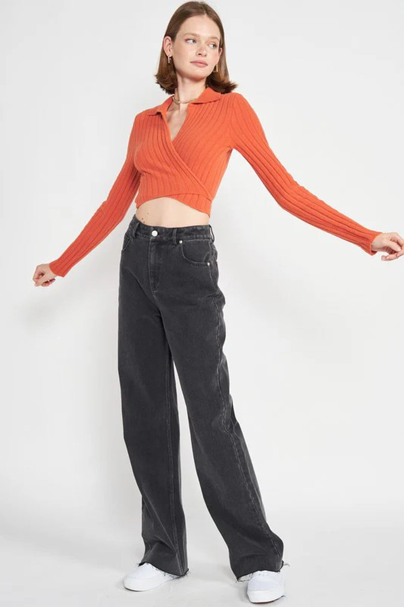 Collared Long-Sleeve Crop Top