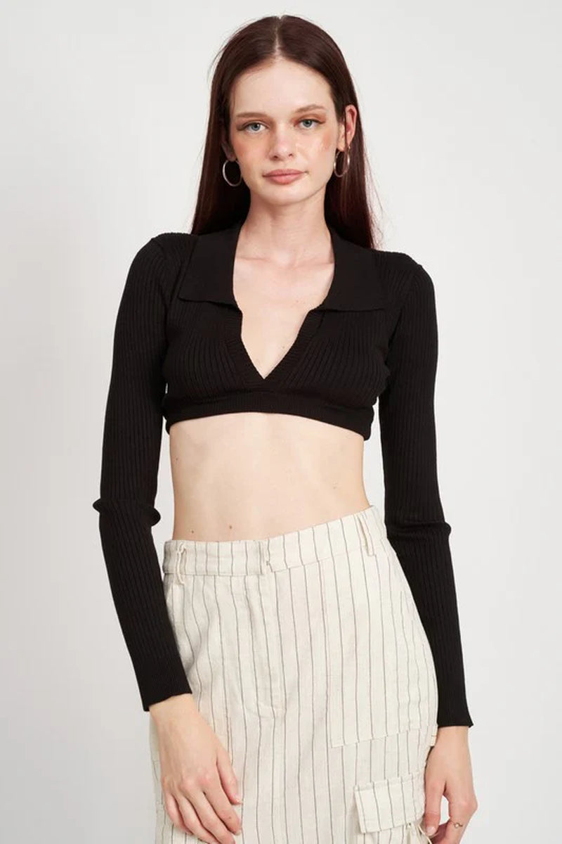 Collared V-Neck Crop Top